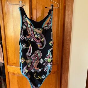 Athlete Black Paisley Swimsuit with Blue Trim